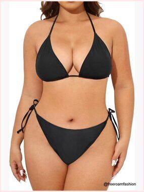 Plus Size String Bikini Set Halter Tie Side Swim Two Piece Bathing Suit